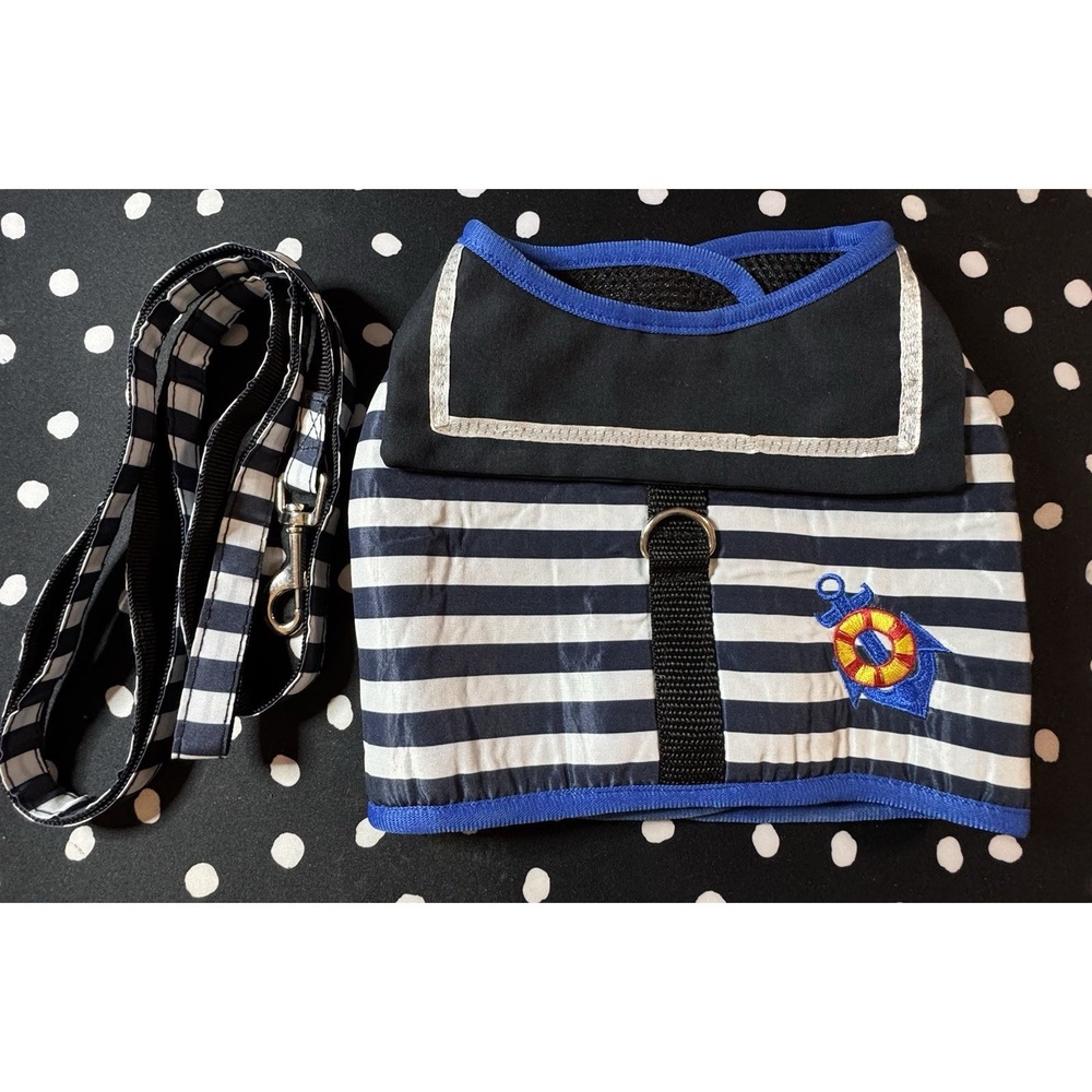 Navy Blue and White Striped Nautical SMALL Dog Outfit Leash Reflective Snaps XL